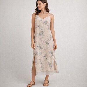 English Factory Peach Pastel Paisley Slip Dress Size Small Boho Side Slits Lined